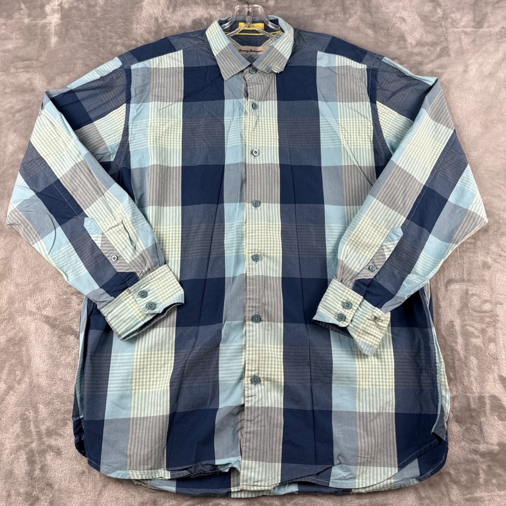 Tommy Bahama Shirt Mens L Plaid Blue Cotton Silk Button Down Long Sleeve EUC